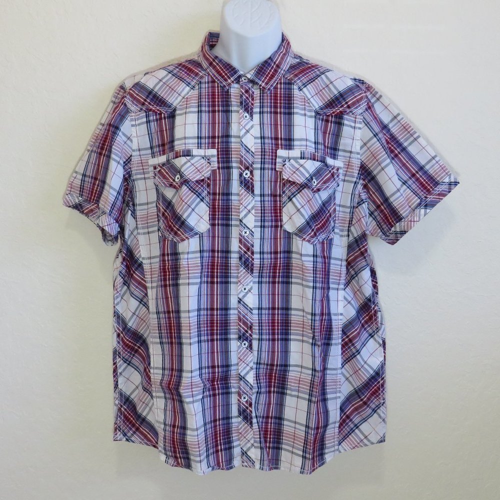 I-N-C* Men's Short Sleeve Button Down Curved Hem White Stitching Plaid Shirt~ XL